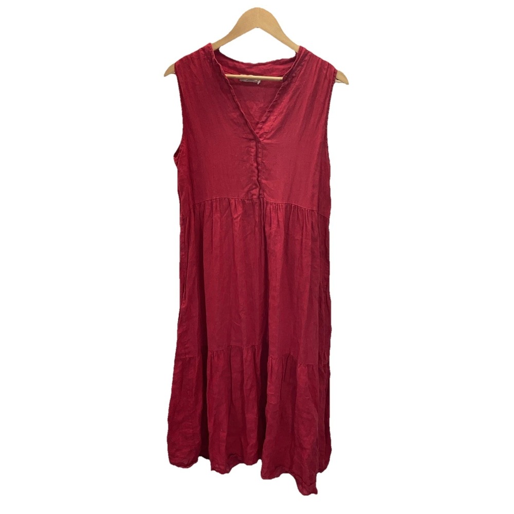 Bellambia Tiered Midi Shift Dress Linen Red Sleeveless Lightweight MD Made Italy